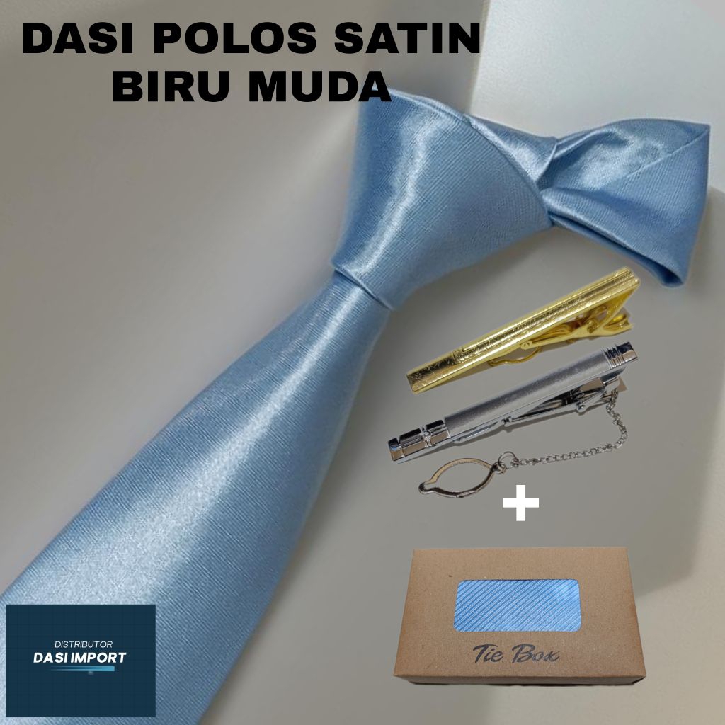 Dasi Polos Satin Biru Muda Dasi Pria Ikat Manual Paket Dasi Penjepit Dasi Puls Box Dasi Biru Muda