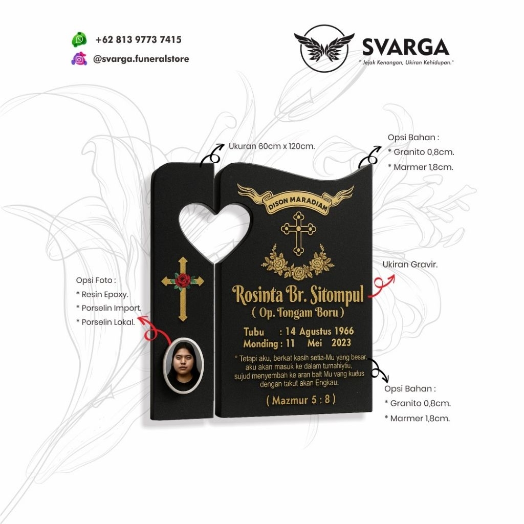 BATU NISAN NASRANI MODEL BELAH TEGAK 60x90CM | MARMER | FOTO RESIN / PORSELEN | CUSTOM NAMA & AYAT