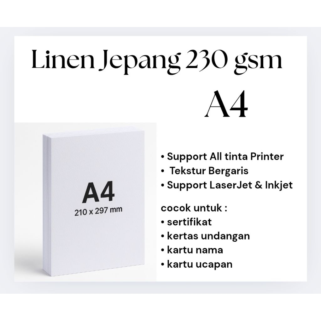 

Kertas Linen Jepang Premium A4 F4 A3 230 gsm – Kertas Tebal Untuk Sertifikat, Undangan | Tekstur Elegan.