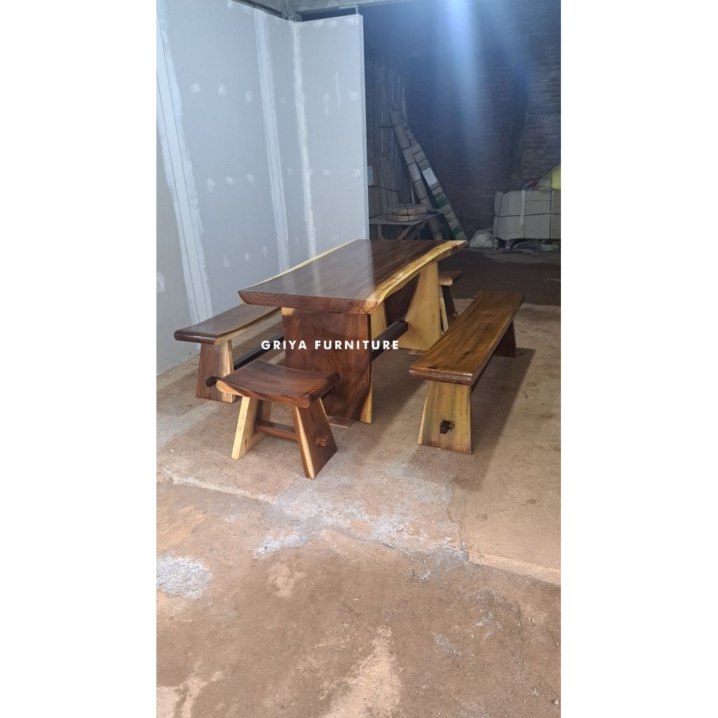 Dining Set Meja Makan Kursi Minimalis Kayu trembesi Suar Solid A+ Furniture Bangku - Finishing Set