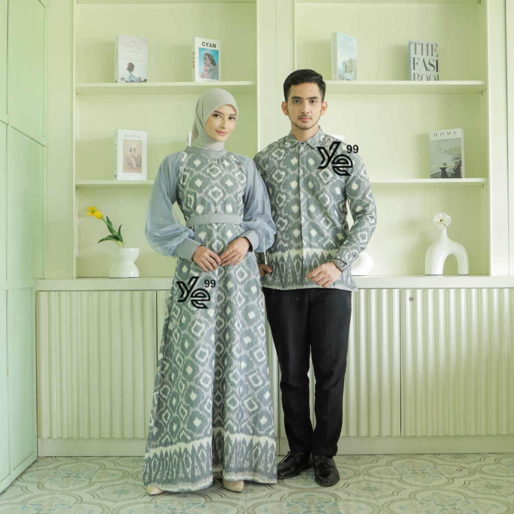 [READY STOCK] Set couple syahira grey kemeja pria dan dress wanita, gamis kondangan ethnic, couple b