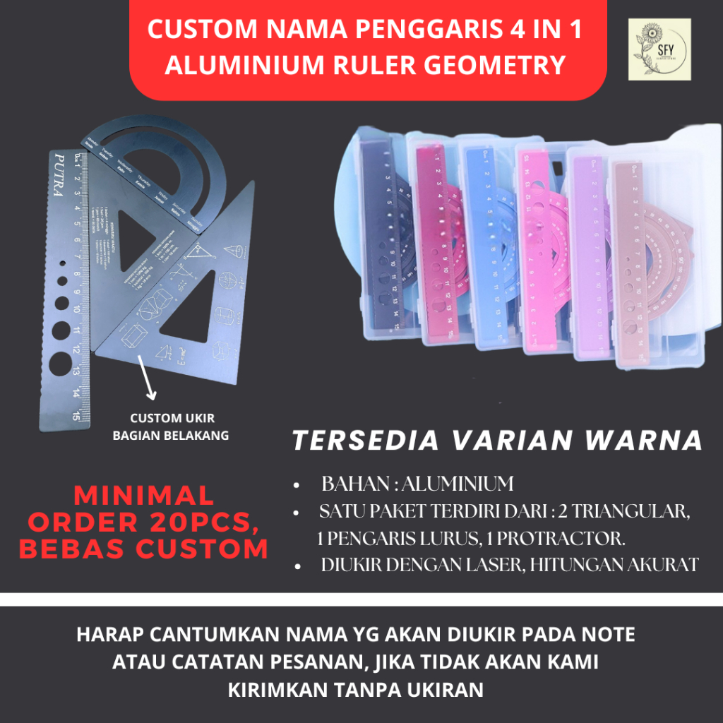 

SUNFAY [Free Custom] Penggaris sekolah/Penggaris anak/Penggaris 4in1/Penggaris ukir/ Ruler Penggaris Aluminium/ Penggaris set/Penggaris Busur/Penggaris Segitiga/ Penggaris besi
