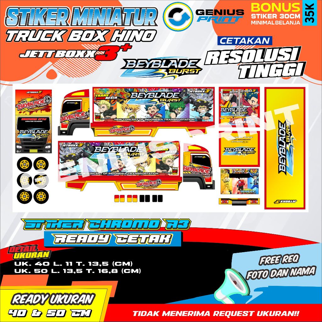 STIKER MINIATUR TRUK BOX [ HINO 500 ] MOTIF ANIMASI KARTUN UK. 40&50CM
