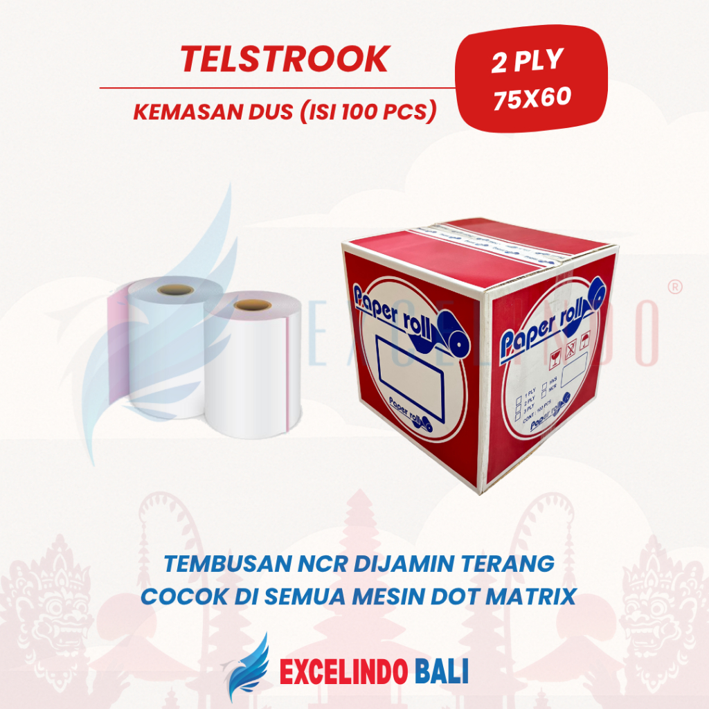 

(ISI 1 DUS/ 100 PCS) Excelindo Kertas Struk / Telstruk / Kertas Kasir 2 ply NCR Dot Matrix 75x60