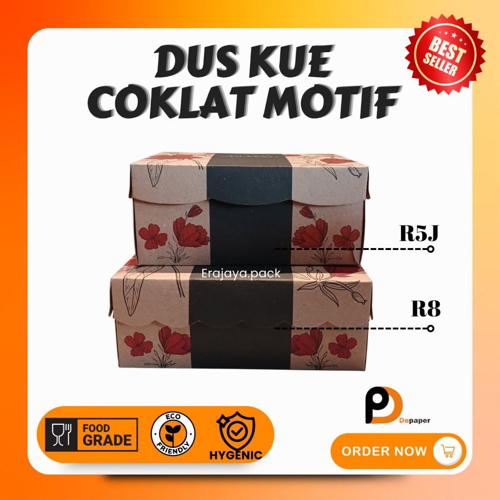 

[Min 25pcs] Dus Motif Bunga Merah Kraft/Variasi R5J,R8/Box Kue Kotak Coklat Non Laminasi