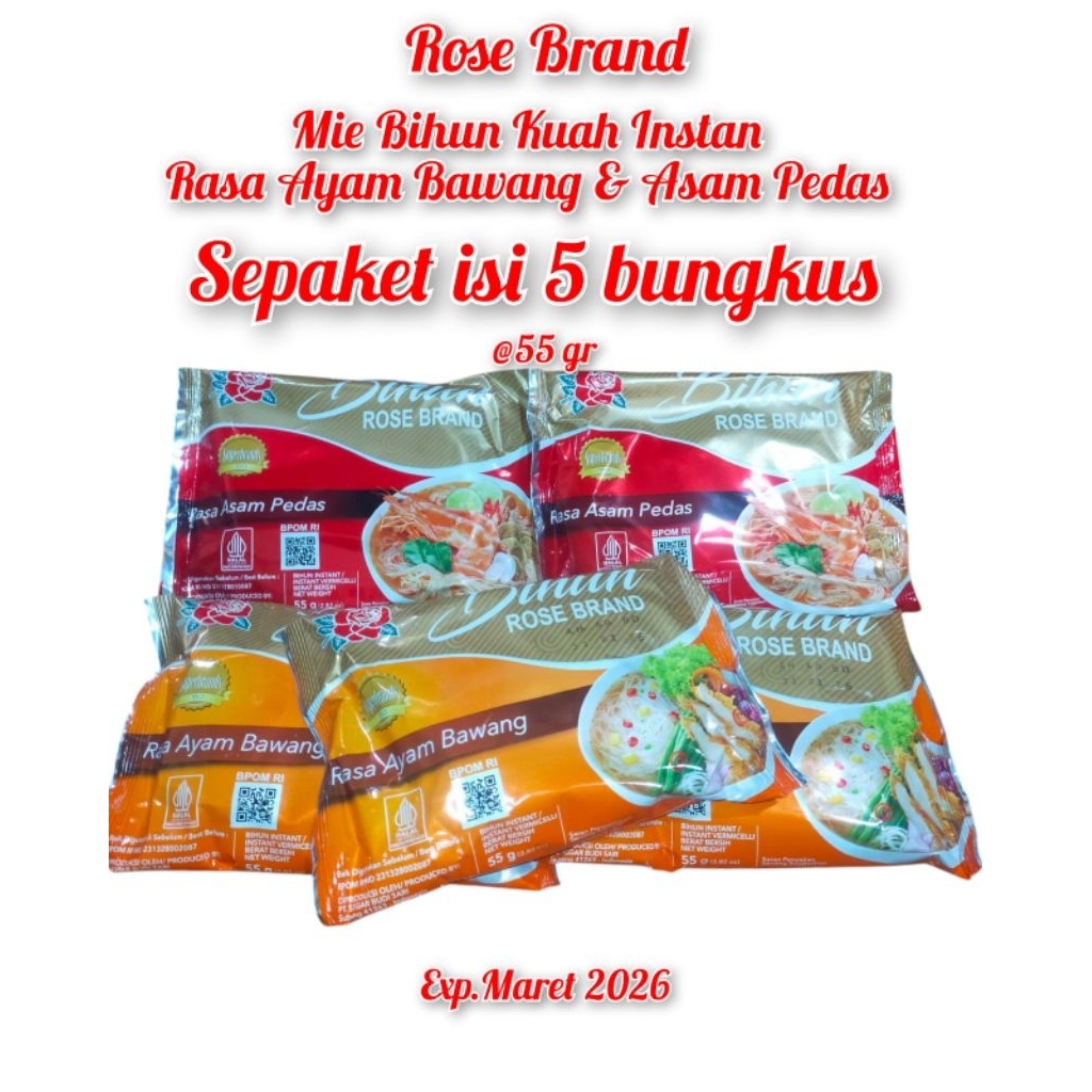 

Rose brand bihun instan ayam bawang kuah/ asam pedas kuah sepaket isi 5pcs