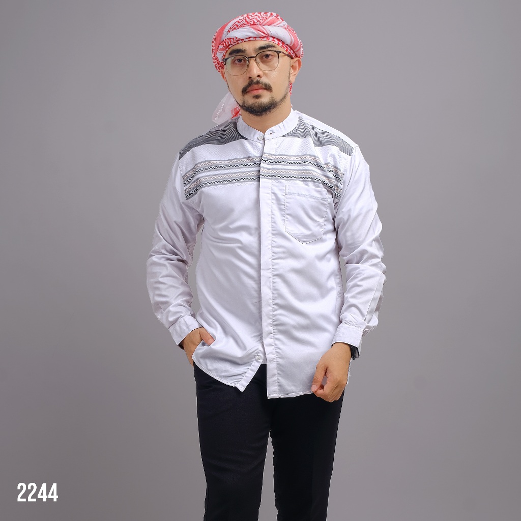 PAKAJI Kemeja Pria Koko Putih Bordir Lengan Panjang Motif Chevron 2244