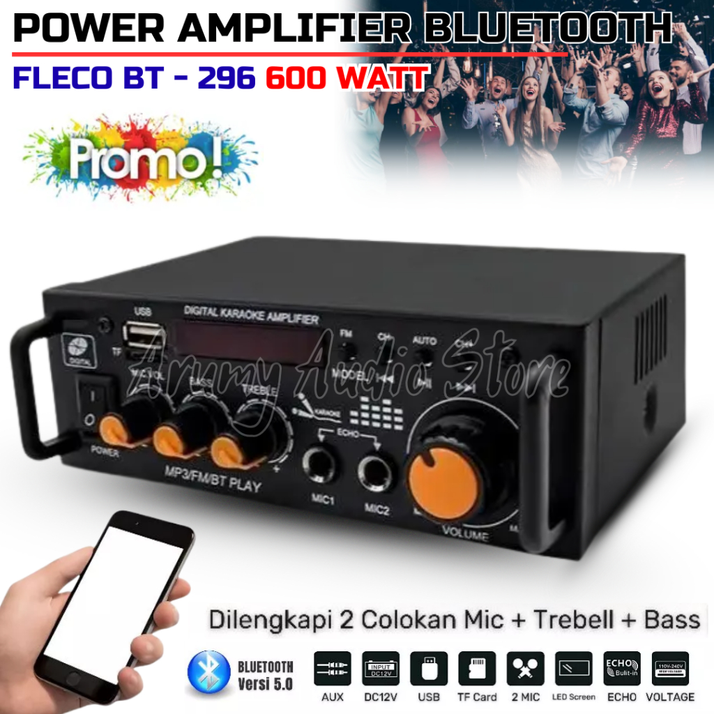 Amplifier power Bass Bluetooth 600 Watt Fleco BT 296 Audio Penguat Suara Full Bass, Treble, Echo DC 