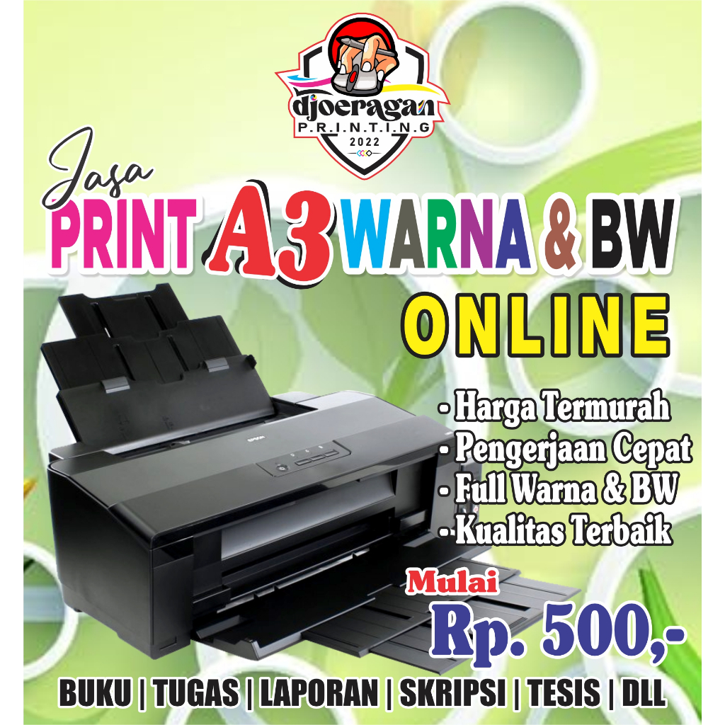 

JASA PRINT A3/ CETAK WARNA CEPAT TERMURAH A5/A4/F4 75/150 gsm, BUKU, BROSUR, MAKALAH, SKRIPSI, DLL