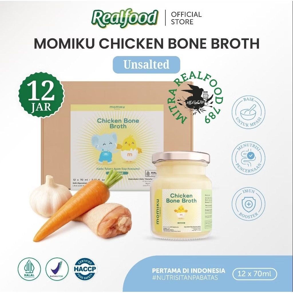 

wadistroalip Realfood Momiku Chicken Bone Broth Unsalted Rasa Tar ( Minuman Mpasi Kaldu Ayam )