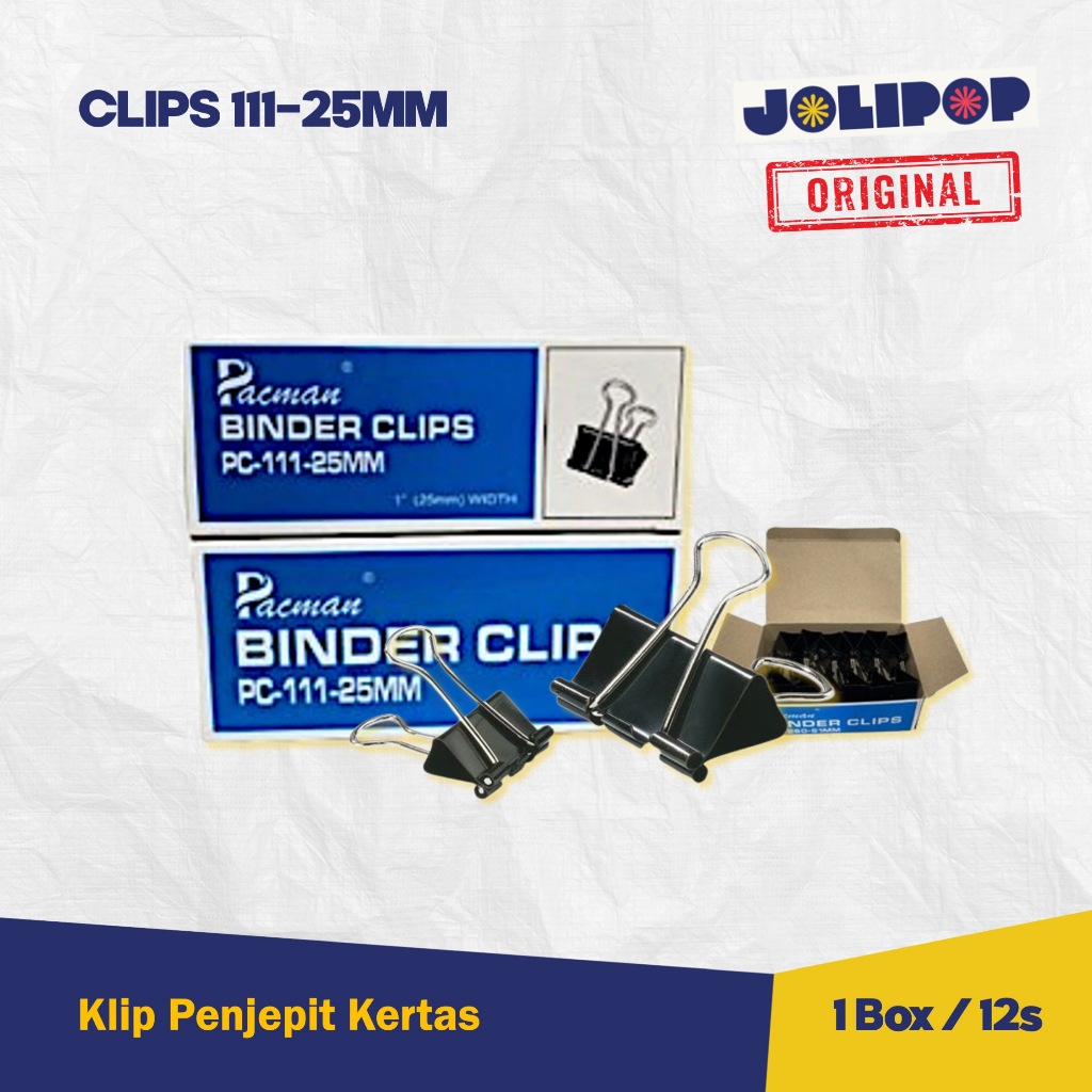 

Pacman Binder Clips 111-25mm / 1 Box Isi 12pcs / Penjepit Kertas Kecil Besar Sedang / Clips Tebal