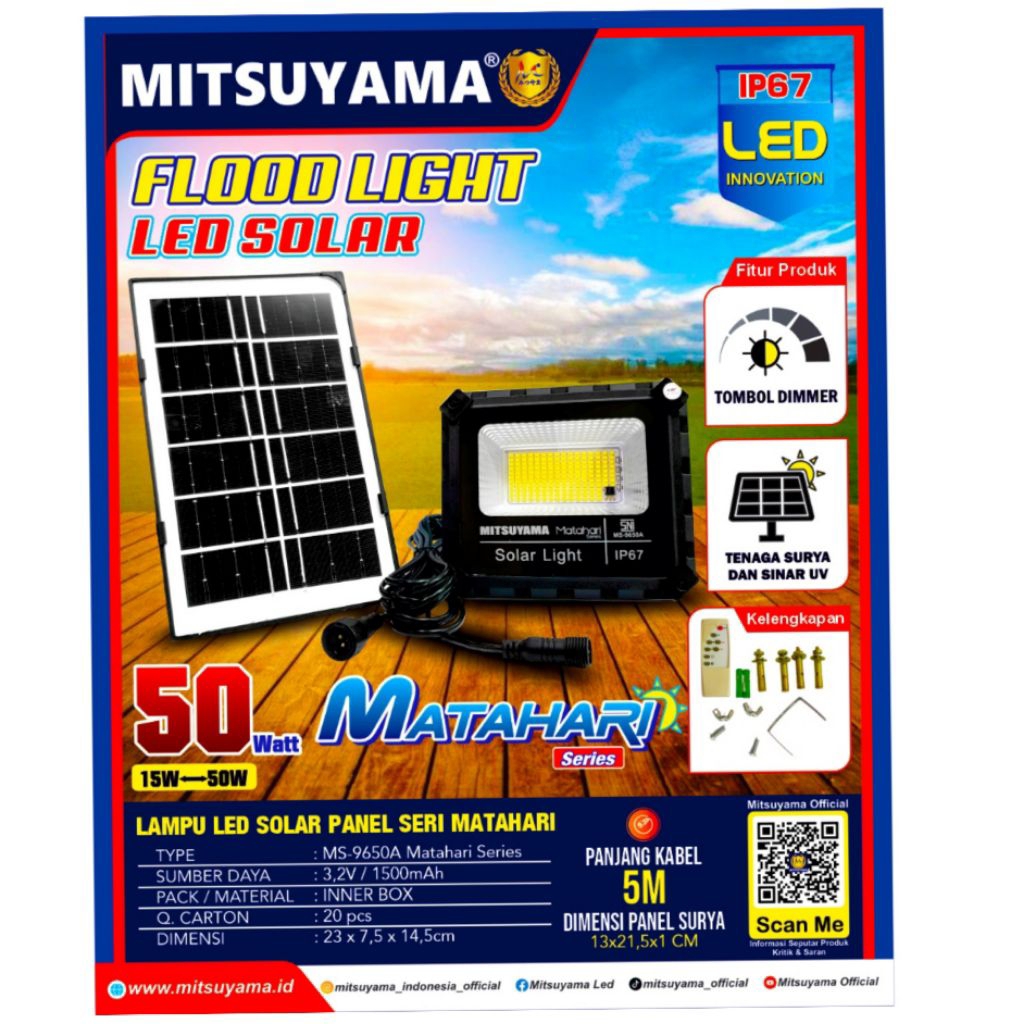 Lampu Sorot LED Solar Panel 50W MS-9650A Mitsuyama Seri Matahari