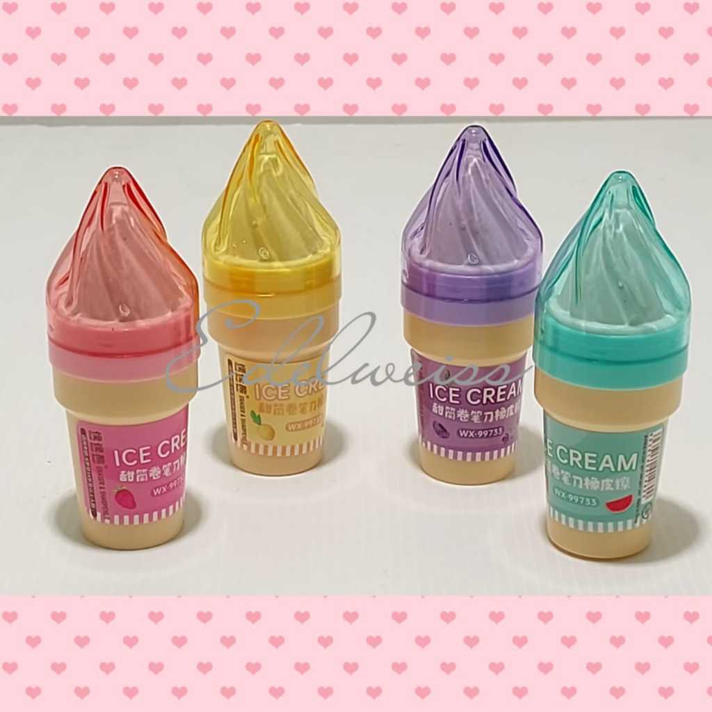 

Rautan + Penghapus Pensil Anak 2 in 1 Karakter Ice Cream WX99733 / Serutan Eraser Sharpener 3D Kartun Busa Lucu Cute.