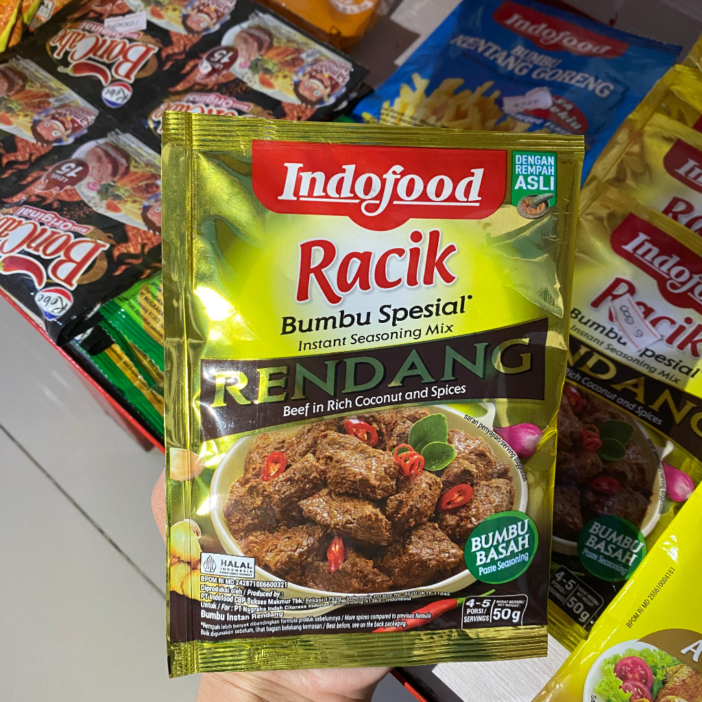 

Indofood Racik Bumbu Rendang / Ayam Goreng / Sayur Asem / Nasi Goreng / Sayur Sop / Tempe & Tahu Goreng Instan