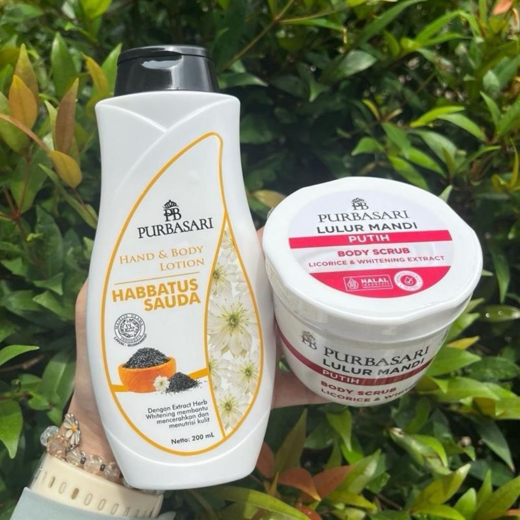 Paket Purbasari Hand & Body Lotion Habbatussauda 200 ml + Purbasari Lulur Mandi Putih Body Scrub 200
