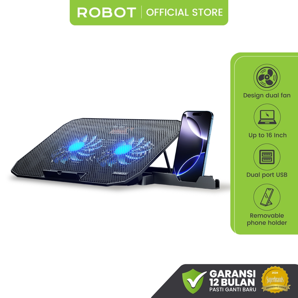 ROBOT Cooling Pad Laptop 10-16 inch Untuk Gaming Kipas 2 Inti Lengkap Dengan Slot HP Tipe Level Fan 