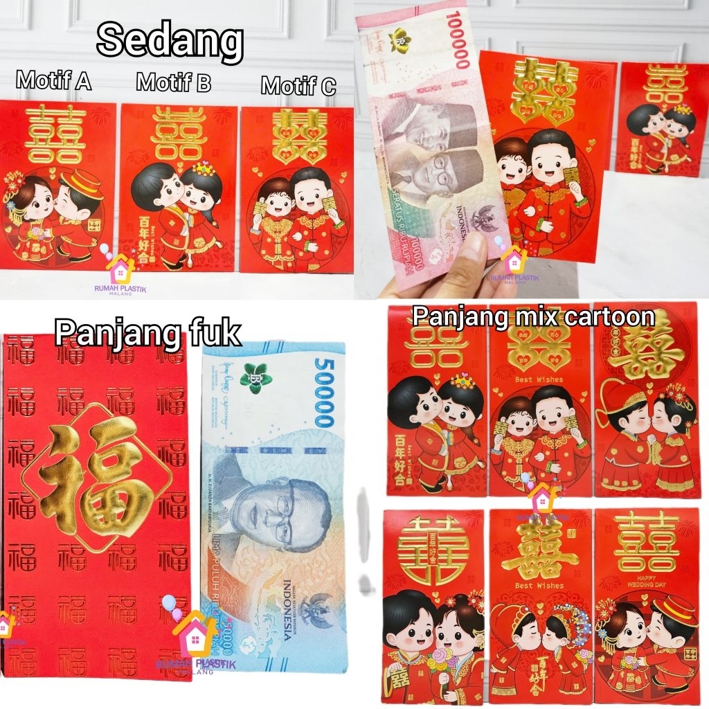 

1pack isi 6 ANGPAO SEDANG dan PANJANG HAPPY WEDDING FUK FU amplop pernikahan nikah merah chinese cina red tebal