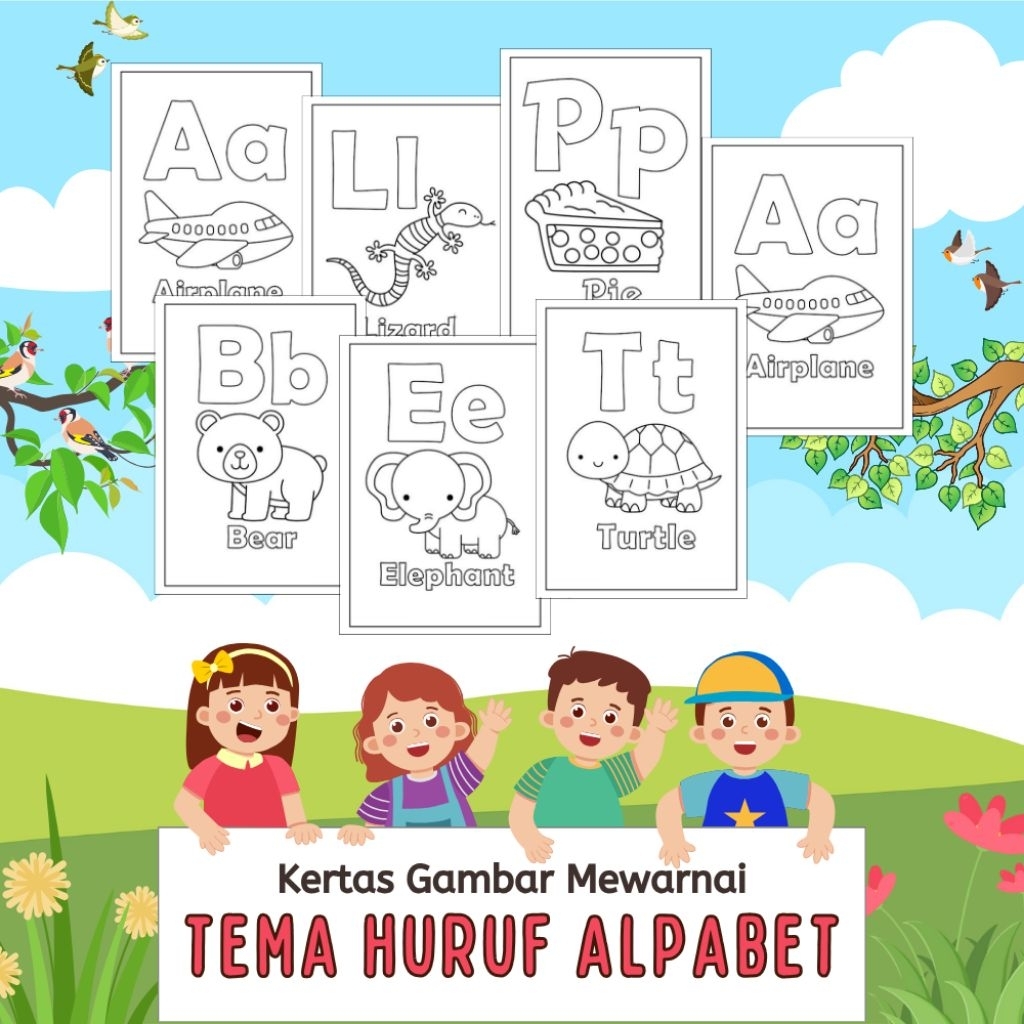 

26 LEMBAR KERTAS MEWARNAI ANAK TEMA HURUF ALPHABET (READY LANGSUNG KIRIM)