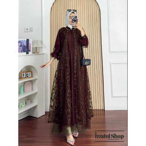 Mikasa Dress Brukat Kombinasi Tile Baju Gamis Pesta Brokat Kondangan Full Payet Mahogany Burgundy