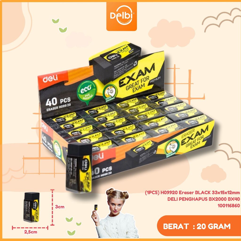 

Deli Penghapus Eraser Ujian Exam 2B 33 15 12mm 10gram pcs Hitam Black EH09920 (1PCS) ERASER BLACK 33X15X12MM