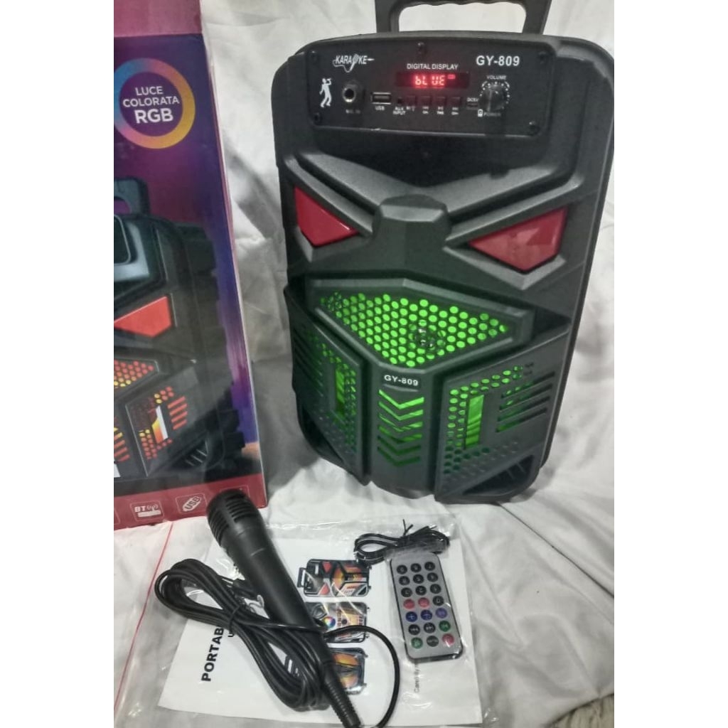 super bass gy 809speaker portabel bluetooth Bonus mic kabel tersambung Ukuran 8 inchi22 x 18 x 38 cm