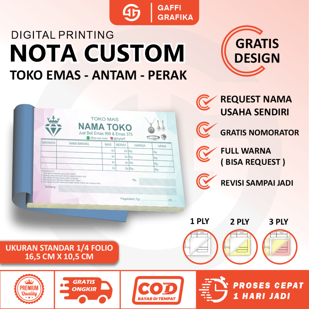 

Nota toko perhiasan emas costum gratis design full warna ukuran 1/4 folio nama sendiri 1 ply 2 ply