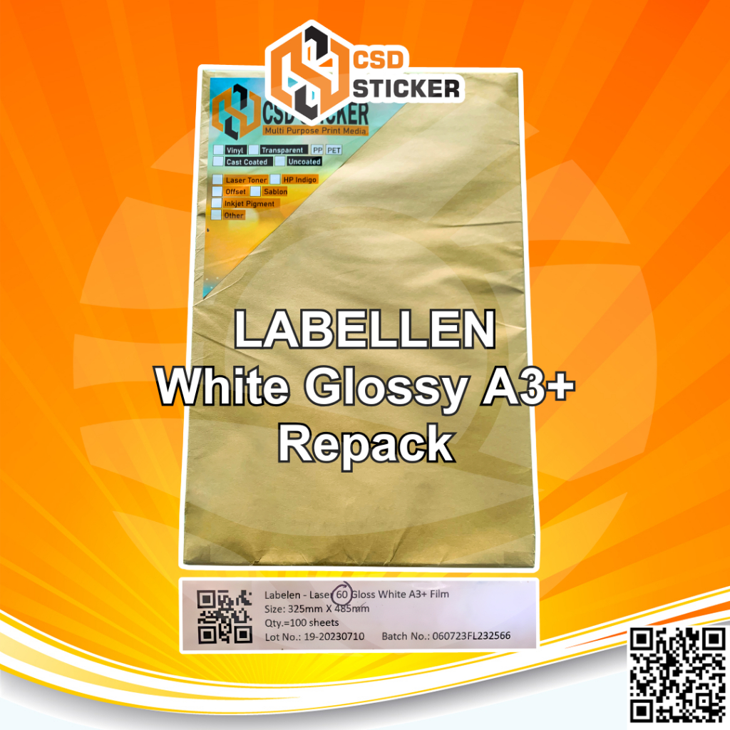 

LABELLEN Sticker Vinyl PP Film Stiker Digital Print Laser Toner A3+ Repack 25 lembar