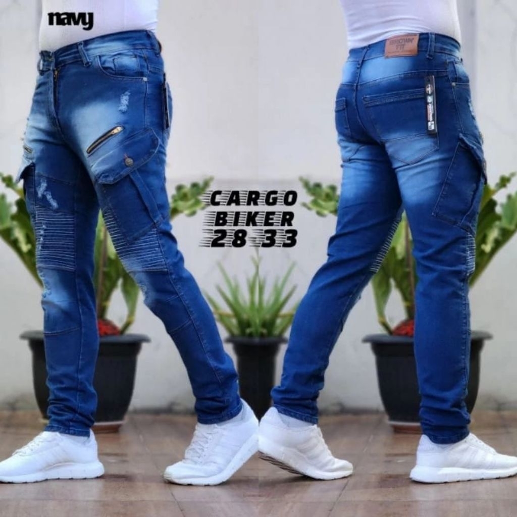 Celana Jeans Biker sleting Kantong Depan Kekinian Slimfit Bahan Premiun Strecth Melar
