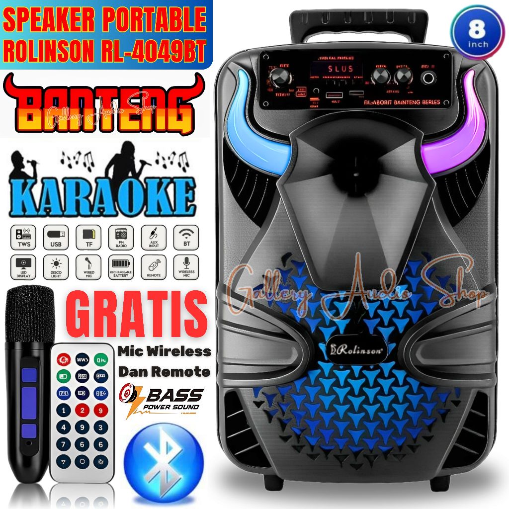 Speaker Bluetooth ROLINSON RL-4049BT Series Banteng LED 8 Inch Bonus 1Pcs Mic Wireless + Remote + Ch