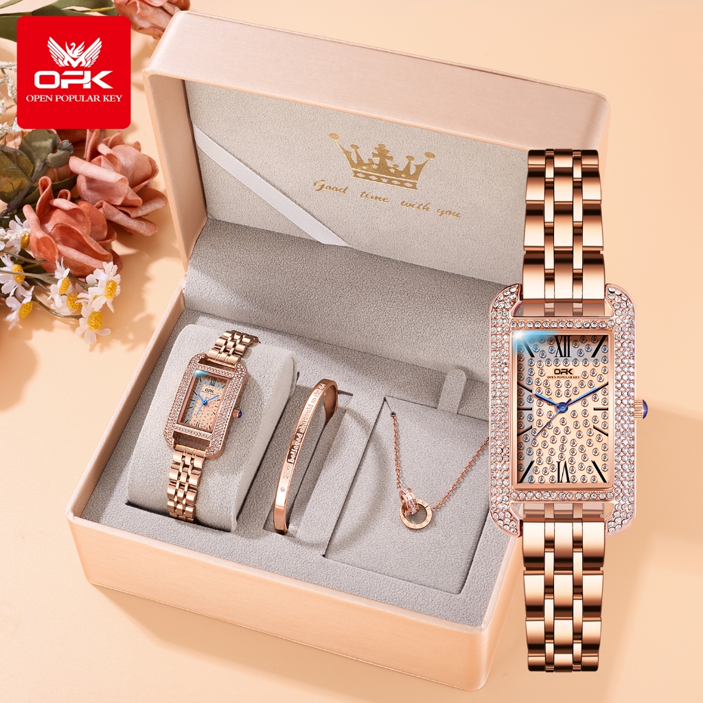 TERMURAH OPK Jam Tangan Wanita Original Berlian Segi Empat Branded Cewek Anti Air Rantai Kuarsa