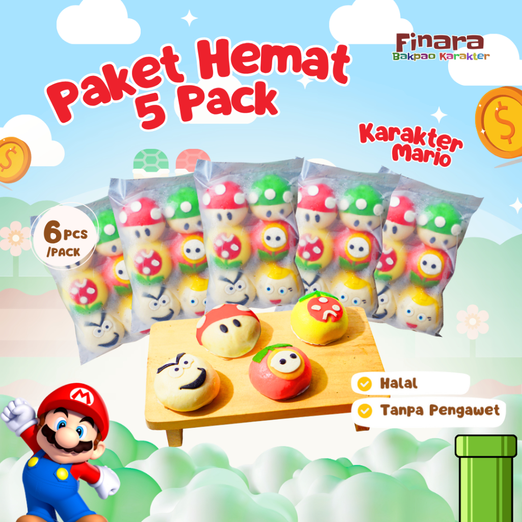 

Paket Hemat 5 Pack Bakpao Karakter Frozen Finara Mario Rasa Cokelat