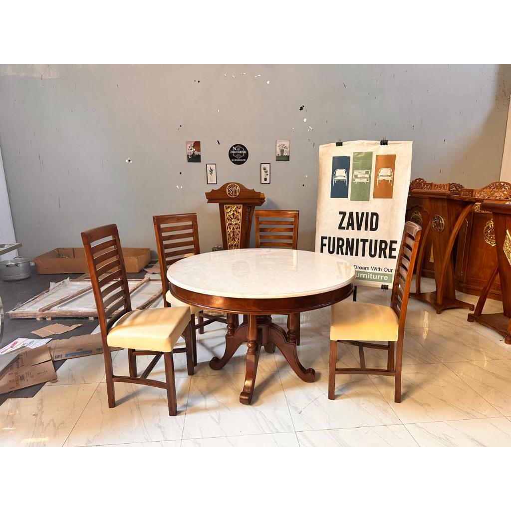 Meja Makan, meja makan bulat, meja makan marmer bulat, meja makan marmer kayu jati, meja makan 4 kur