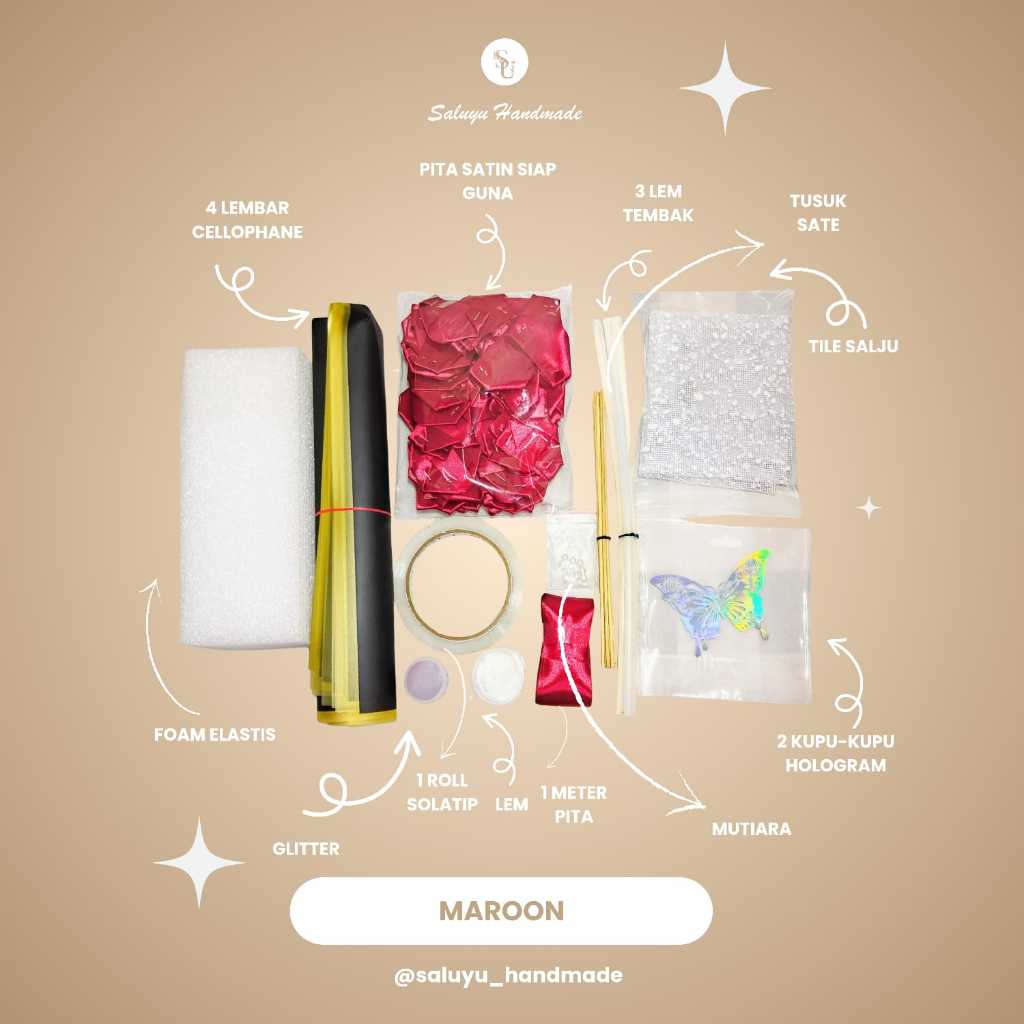 

TERLENGKAP 2,5CM Paket Mentahan Bouquet Kertas Pita Satin Cantik Bunga Mawar Flower Buket Maroon dengan Greeting Card Merah