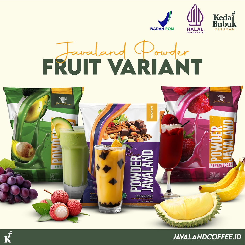 

Javaland Bubuk Minuman Varian Buah / Fruits 1Kg - Regular Plain | Rasa Avocado , Mango / Mangga , Strawberry , Banana , Melon , Blueberry , Grape / Anggur , Durian , Lychee / Leci