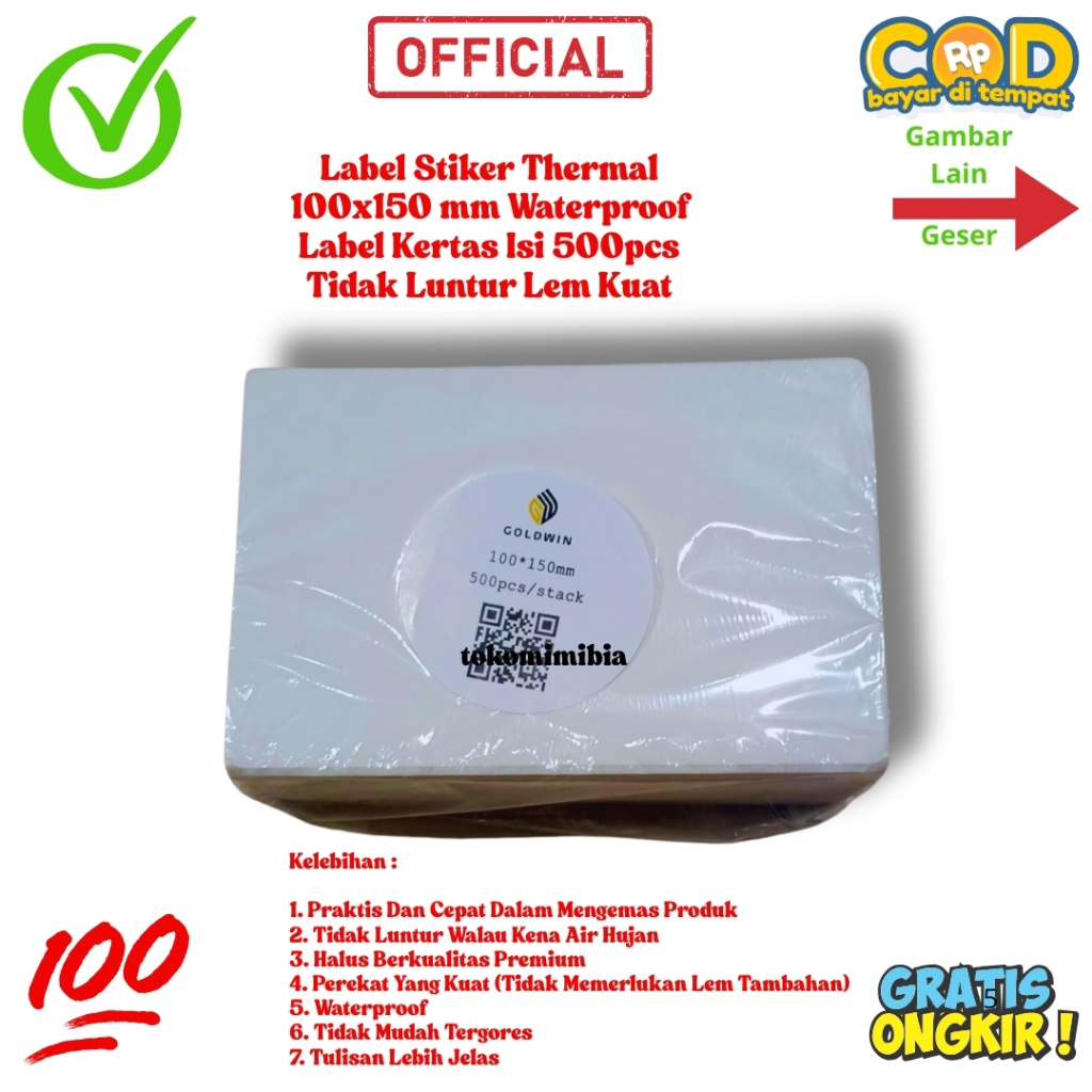 

Kertas Sticker Label Thermal Resi 100x150 Mm Lipat | Isi 500 Lembar Per Pack