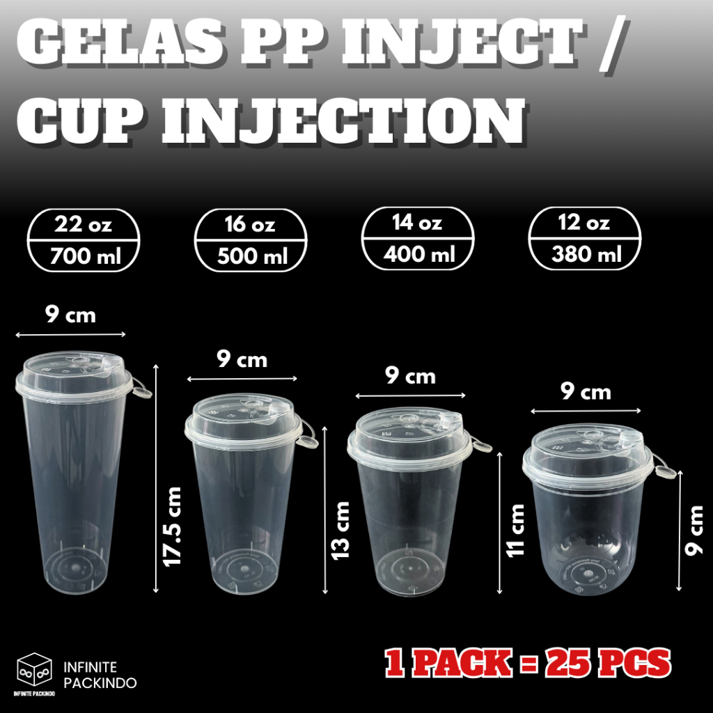 (ISI 25 PCS) Gelas PP Cup Injection Datar Oval 12oz / 14oz / 16oz / 22oz / Injection Cup Datar (PP)