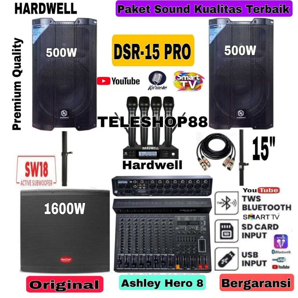 Paket Sound System Speaker Aktif 15 Inch Hardwell DSR 15 Pro DSR15PRO+Subwoofer Baretone 18 Inch+Mix