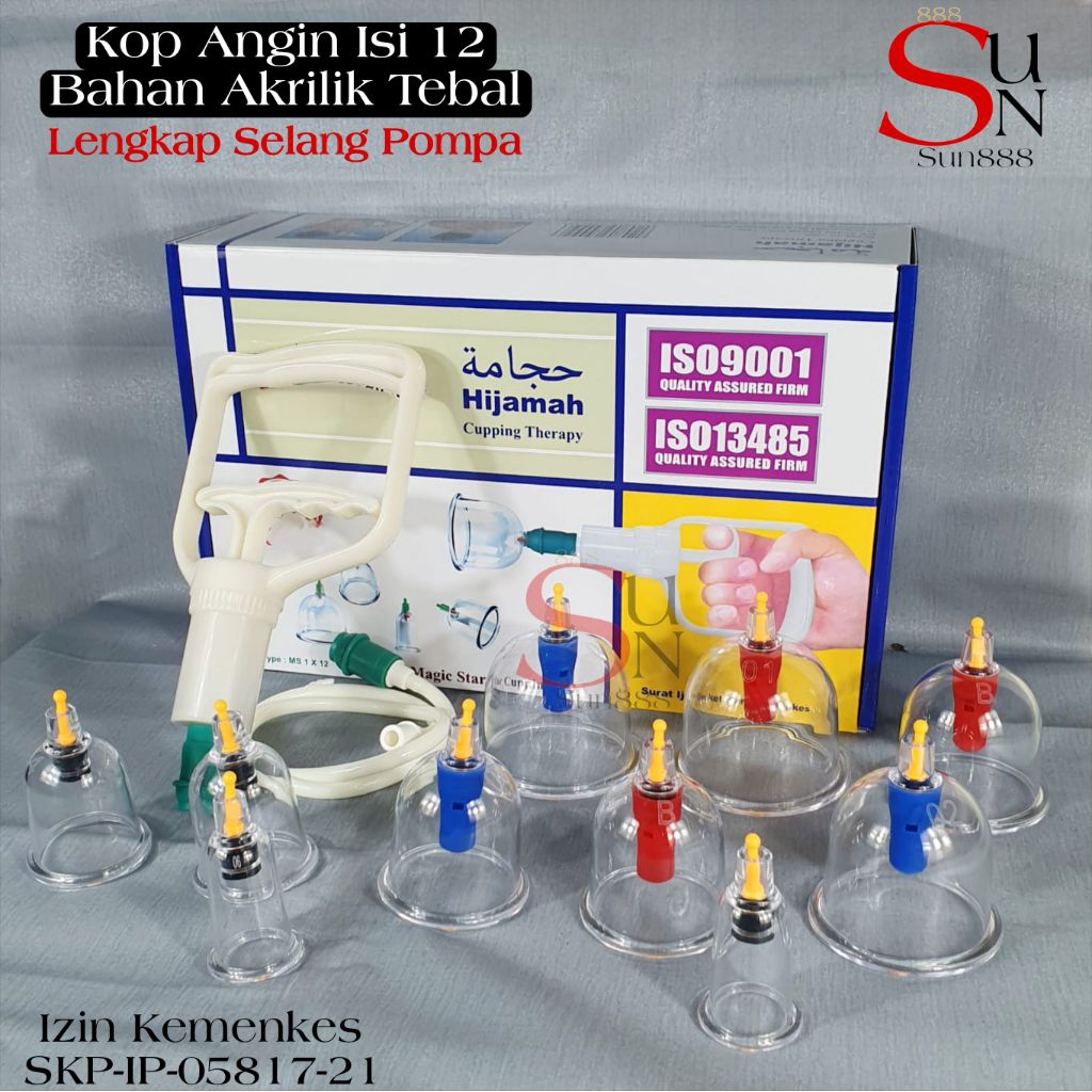 Sun888 Kop Angin Bekam Isi 12 Cup Lengkap Selang Dan Pompa Terapi Bekam Hijamah Akrilik Tebal
