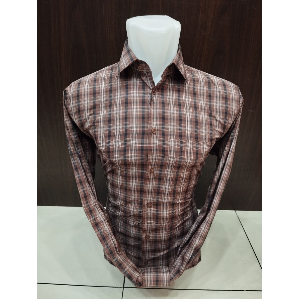 Alisan Kemeja Formal Pria Motif Kotak Cokelat & Biru Lengan Panjang Reguler