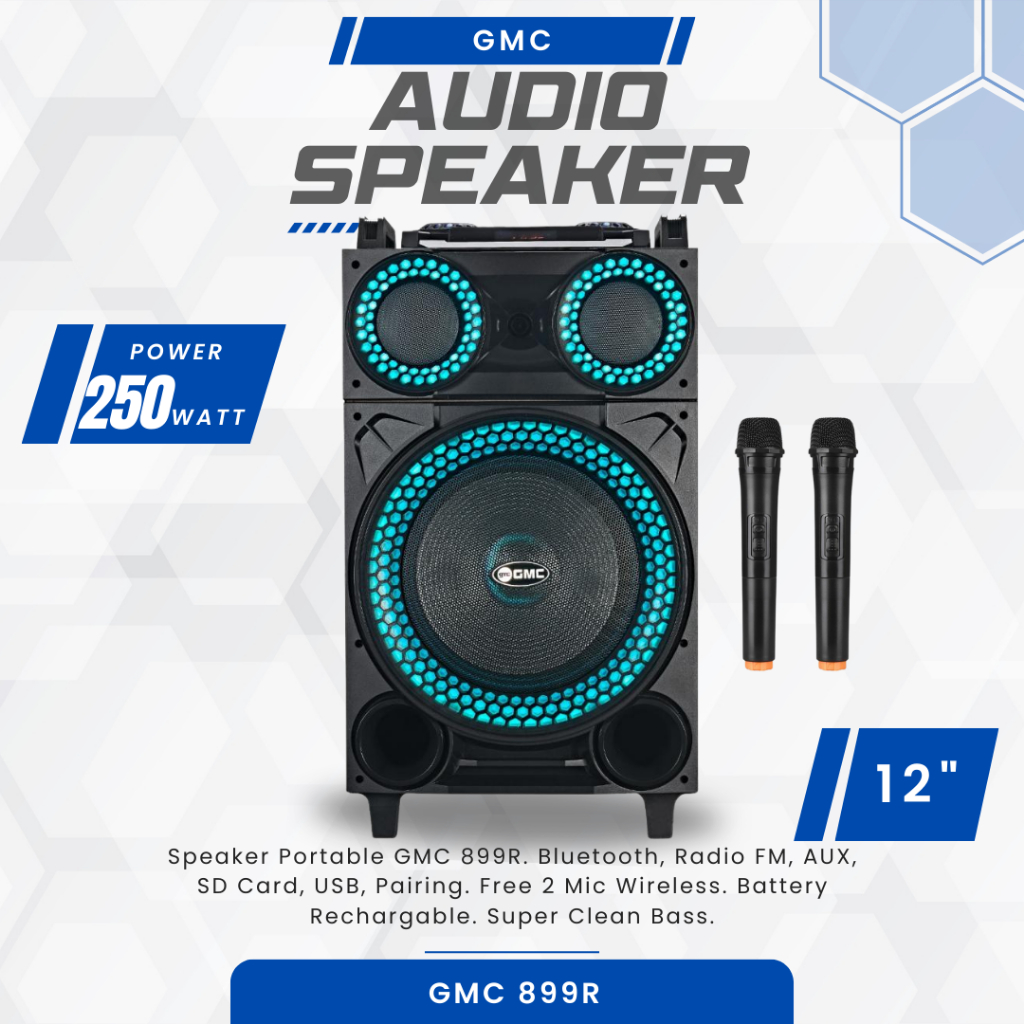 Speaker Portable GMC 12inch 899R Free 2 Mic Wireless SNI