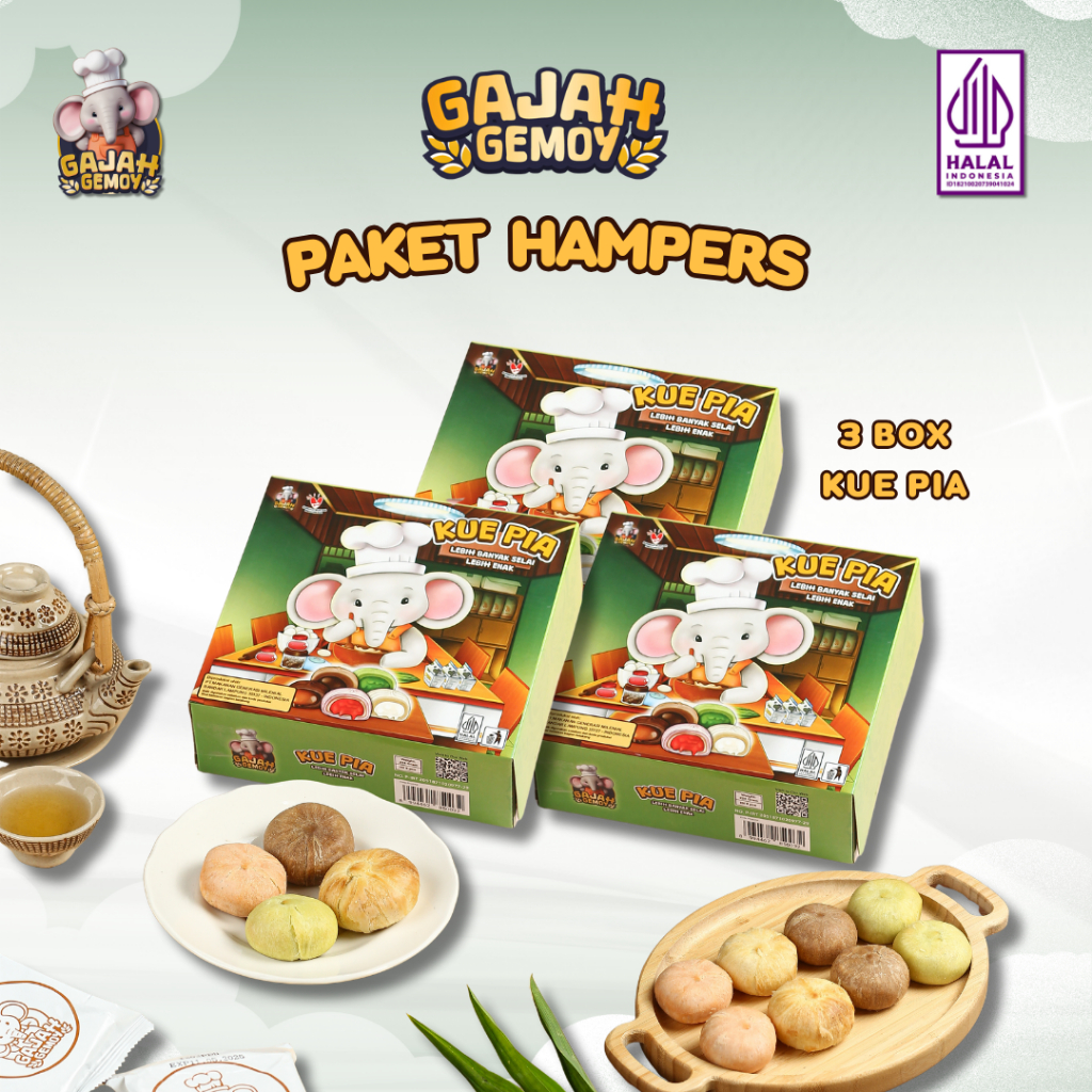 

Gajah Gemoy - Paket 3 Box Kue Pia Gajah Gemoy | Hampers | Cocok untuk Keluarga & Relasi | HALAL