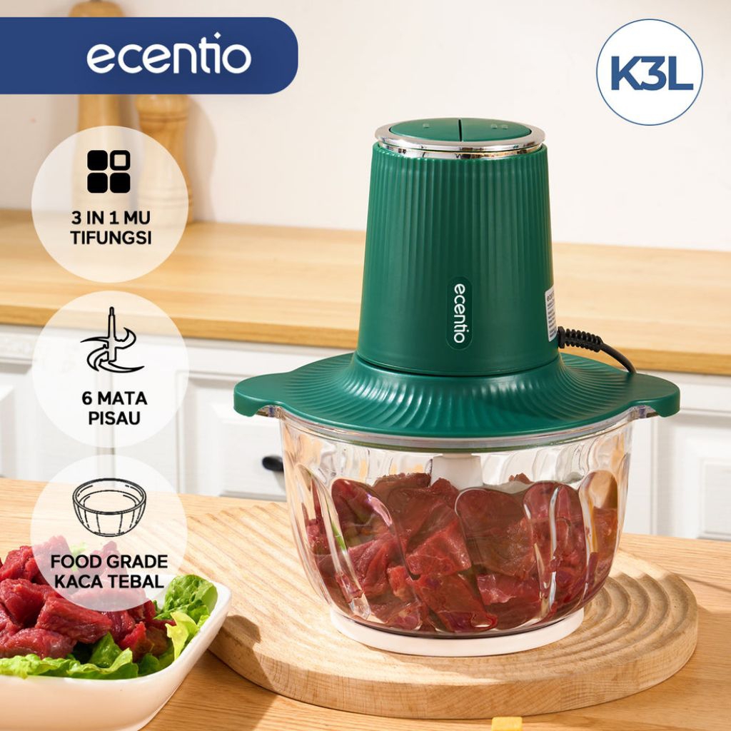 Ecentio Blender 3 Fungsi Premium - Giling Daging, Cincang Bumbu & Kocok Telur, 2L Kaca Anti Gores + 