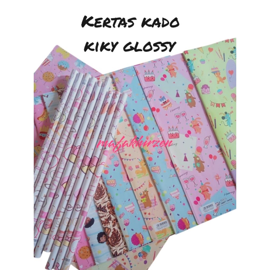 

50 pcs kertas kado glossy sudah digulung merk kiky dan sidu varian motif campur random
