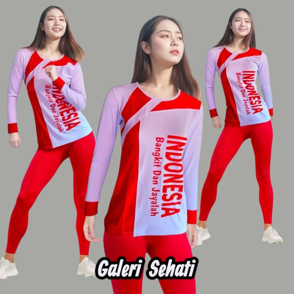 TERBARU kaos atasan senam wanita kaos olah raga merah putih