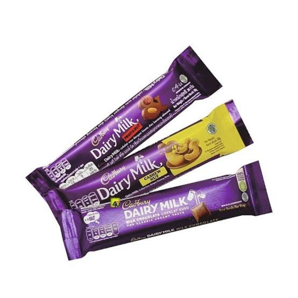 

CADBURY DAIRY MILK COKELAT SUSU | CASHEW NUT | FRUIT NUT NETTO 25 GR MURAAH