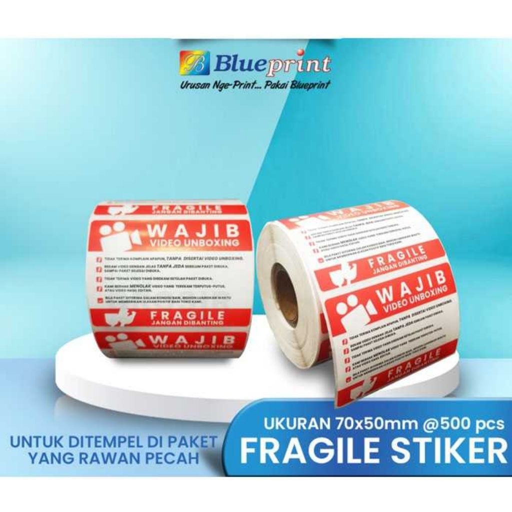 

blue print label stiker unboxing fragile 70x50 mm isi 500 pcs