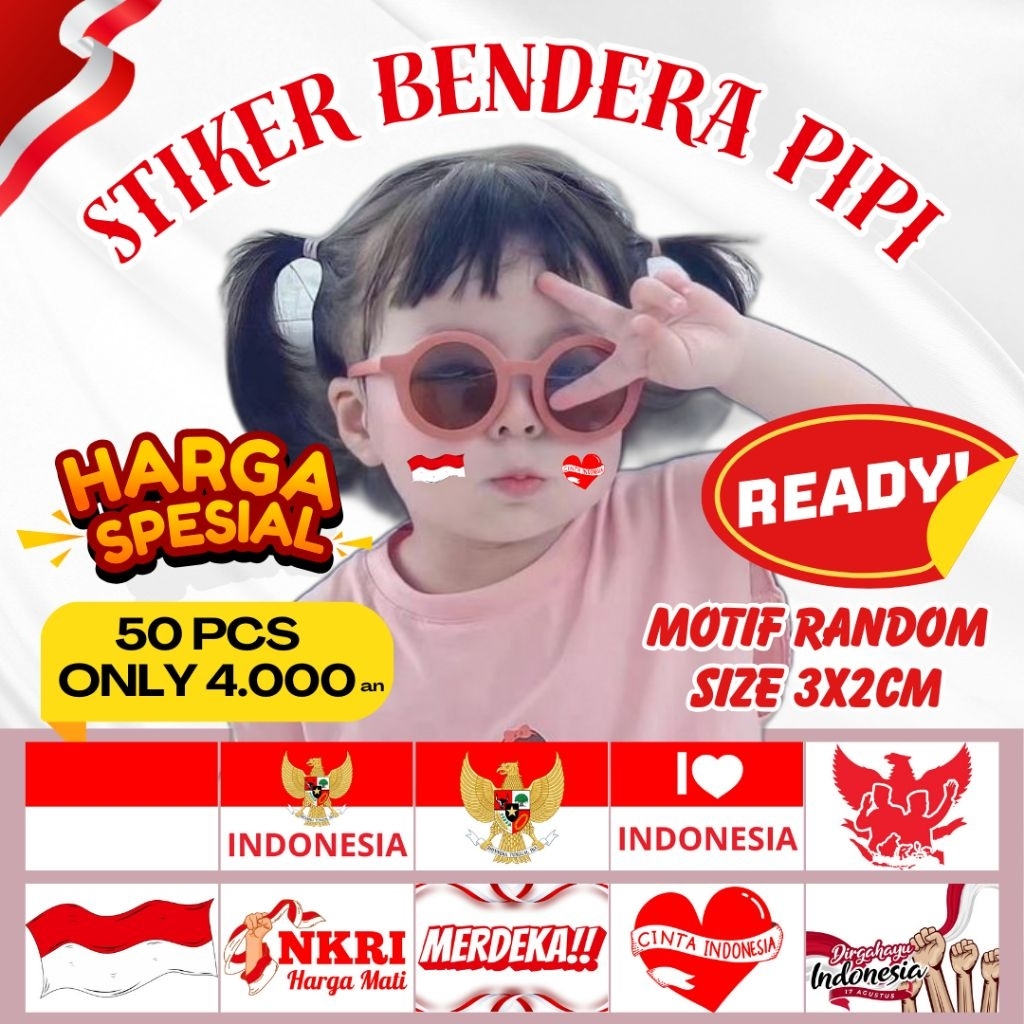 

50 PCS STIKER PIPI MURAH, Stiker Pipi Bendera indonesia isi 50pcs / tempelan pipi murah