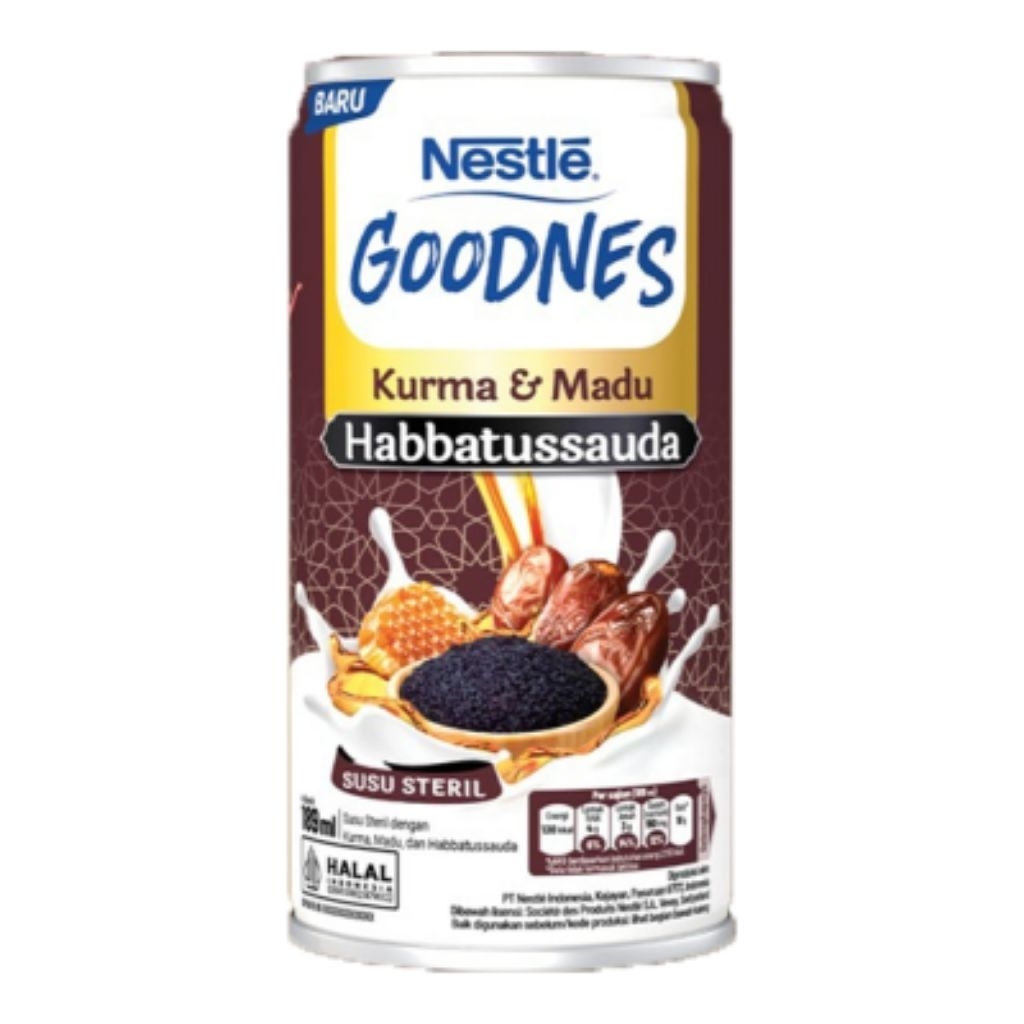

Susu Steril Baru Nestle Goodnes Kurma & Madu Habbatusauda kemasan Kaleng 189ml