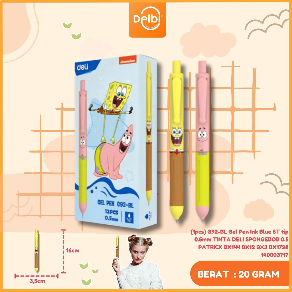 

Deli X Spongebob Squarepants G92-BK 0.5mm Gel Pen (1pcs) G92-BL Gel Pen Ink: Blue ST tip: 0.5mm