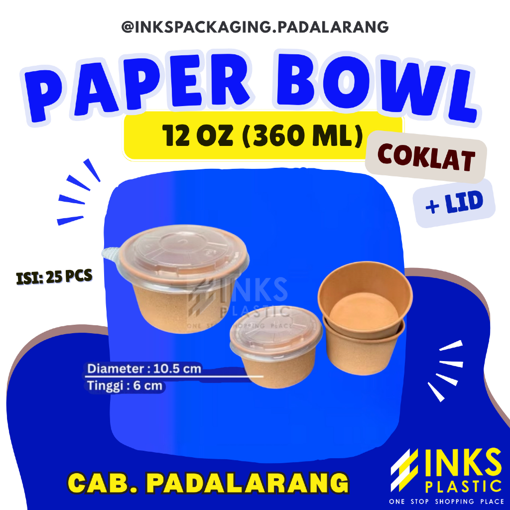 PAPER BOWL MANGKOK KERTAS COKLAT PLUS TUTUP LID 12 OZ 360 ML